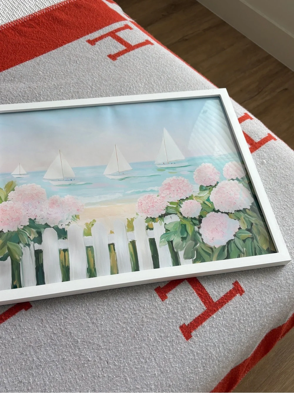 Coastal Hydrangea Sailboat Framed Art - Pink & Blue